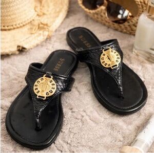 Vintage GUESS Black Logo Medallion Sandals • Women’s Size 6. Read Description